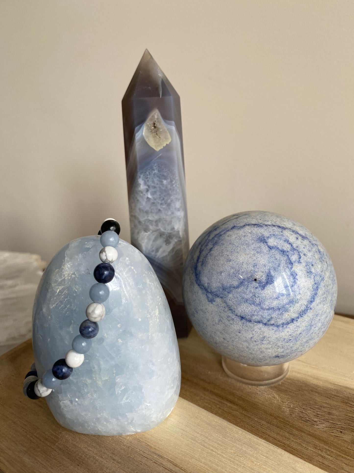 Tranquil Trio, druzy agate aventurine, blue calcite 